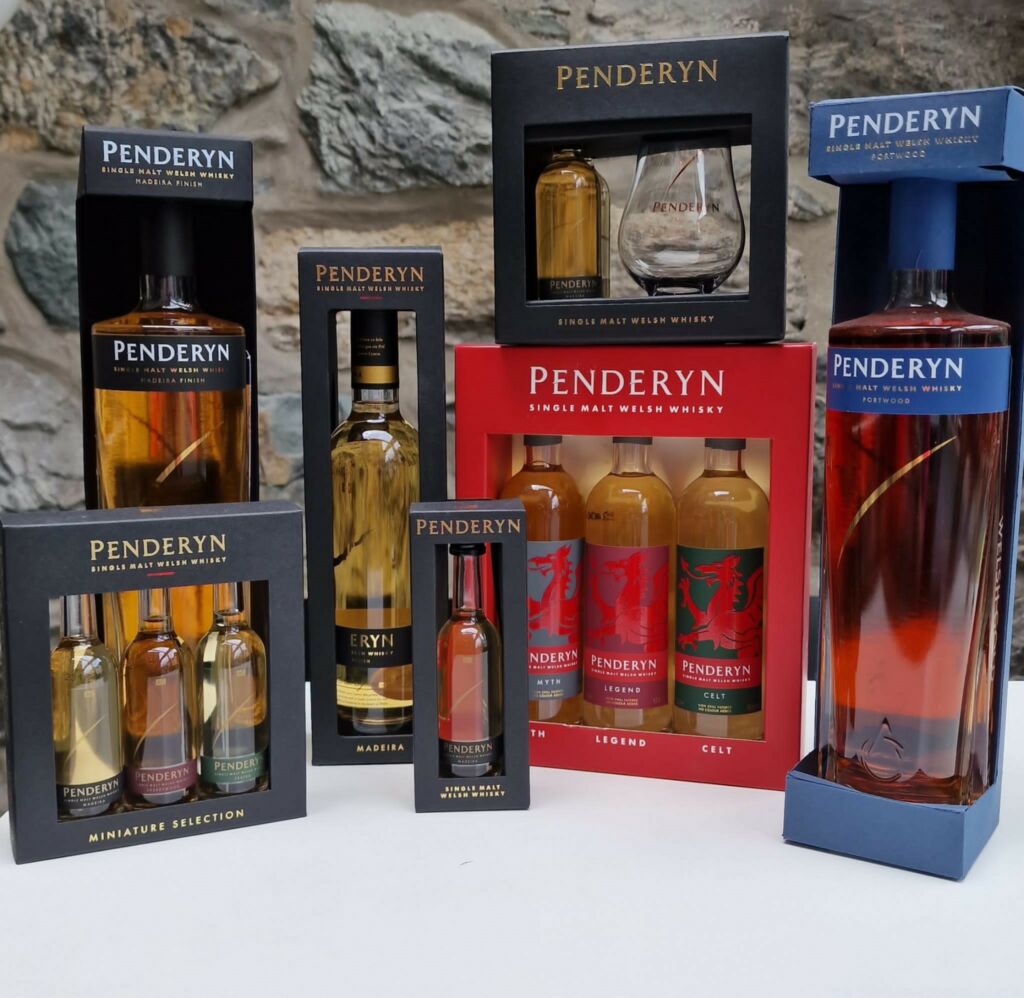 A range of Penderyn Welsh whiskies.
