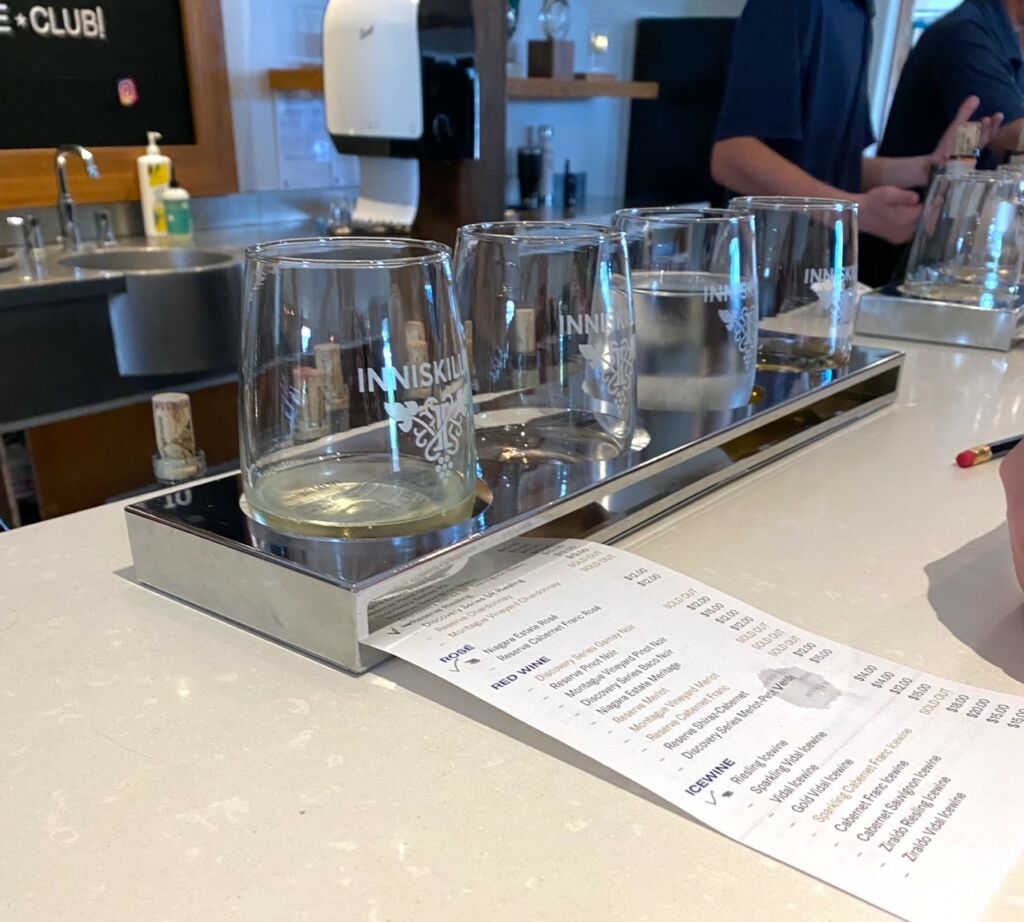 set of wine tasting glasses at Inniskillen winery Canada