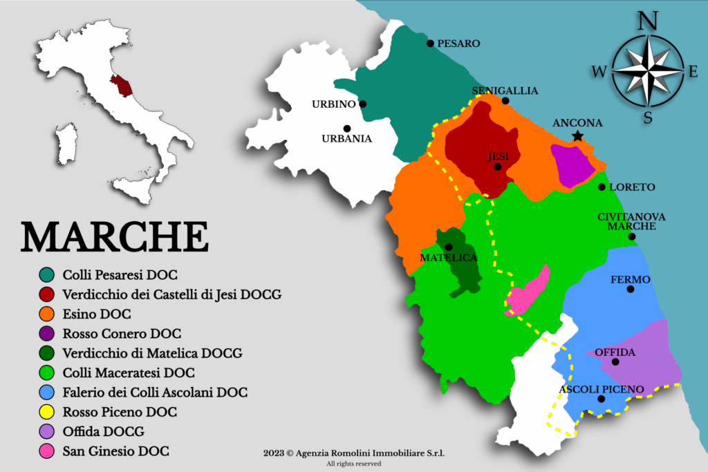 A map showing the areas DOCG and DOC areas of Le Marche.